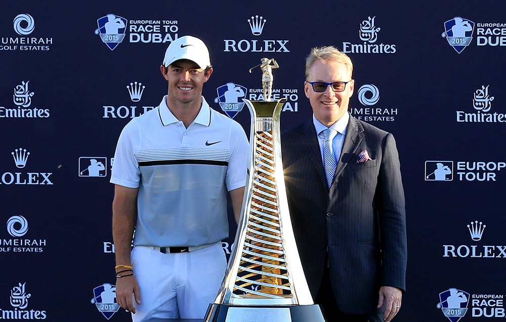DUBAI, UNITED ARAB EMIRATES - NOVEMBER 22: Rory McIlroy of Northern Ireland poses with Keith Pelley the Chief Executive of the European Tour and the Race to Dubai trophy after his one shot win in the final round of the 2015 DP World Tour Championship on the Earth Course at Jumeirah Golf Estates on November 22, 2015 in Dubai, United Arab Emirates. (Photo by David Cannon/Getty Images)
