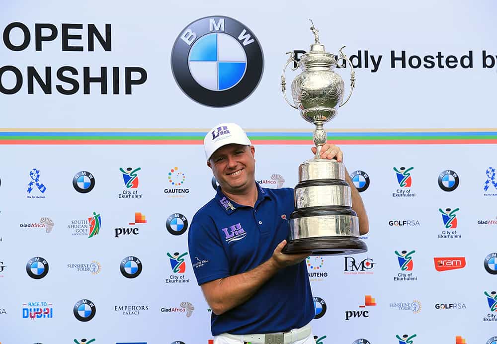 JOHANNESBURG, SOUTH AFRICA - JANUARY 15: Graeme Storm of England celebrates with the trophy after winning the BMW South African Open Championship at Glendower Golf Club on January 15, 2017 in Johannesburg, South Africa. (Photo by David Cannon/Getty Images)