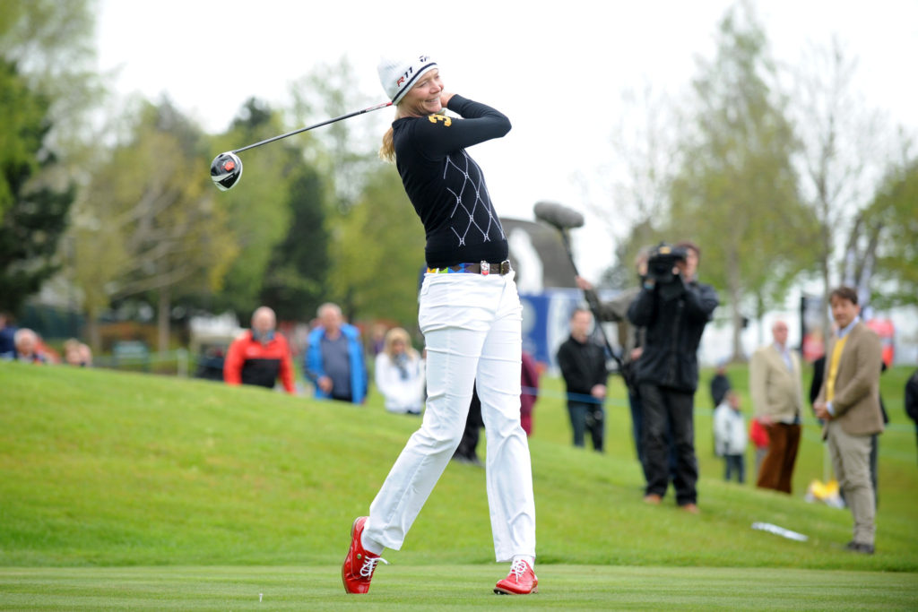 NEWPORT, UNITED KINGDOM - MAY 10: Jodie Kidd tees off on the 8th hole during the Celebrity Golf Club Live event at Celtic Manor Resort on May 10, 2013 in Newport, Wales. (Photo by Matthew Horwood/Getty Images)